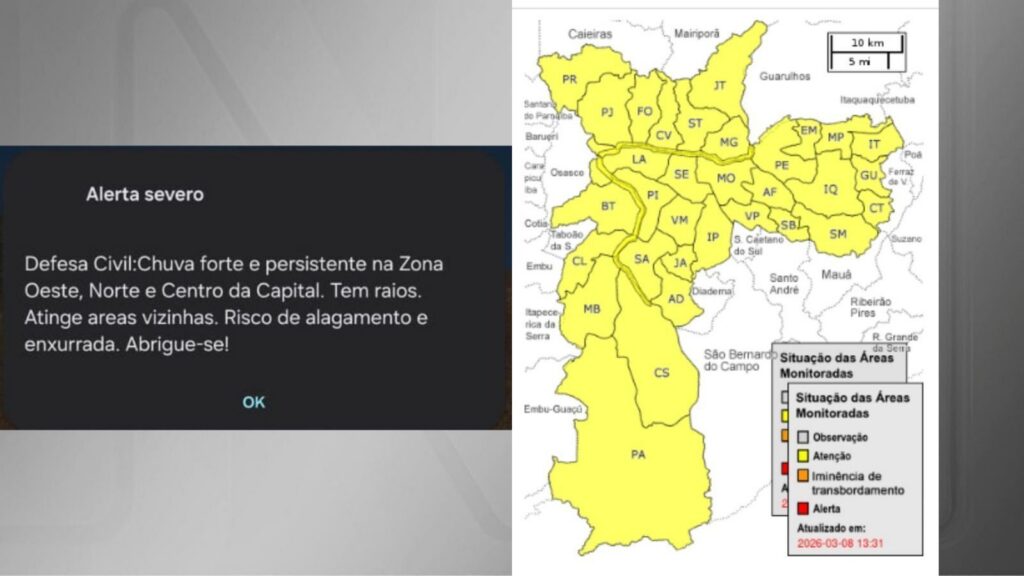 Defesa Civil emite alerta para chuva forte em São Paulo hoje