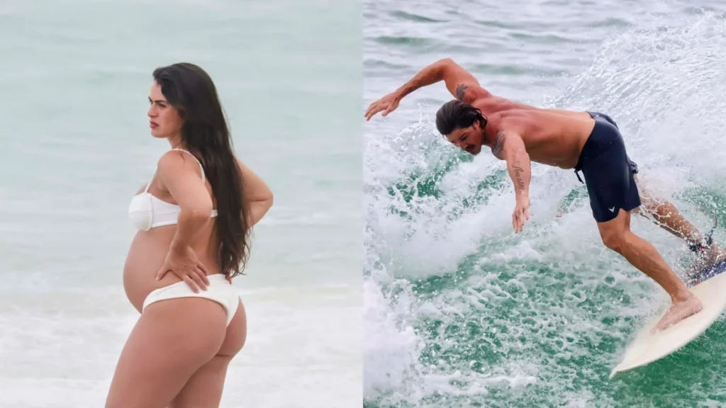 Grávida, Mari Saad desfruta dia de praia com Rômulo Arantes